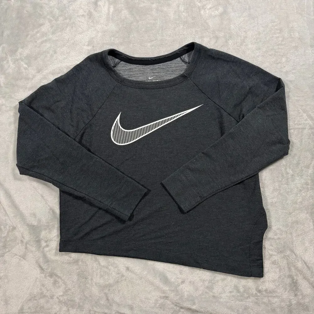 Nike Dri-FIT Womens Large Black Big Swoosh Asymmetrical Hem Long Sleeve Top